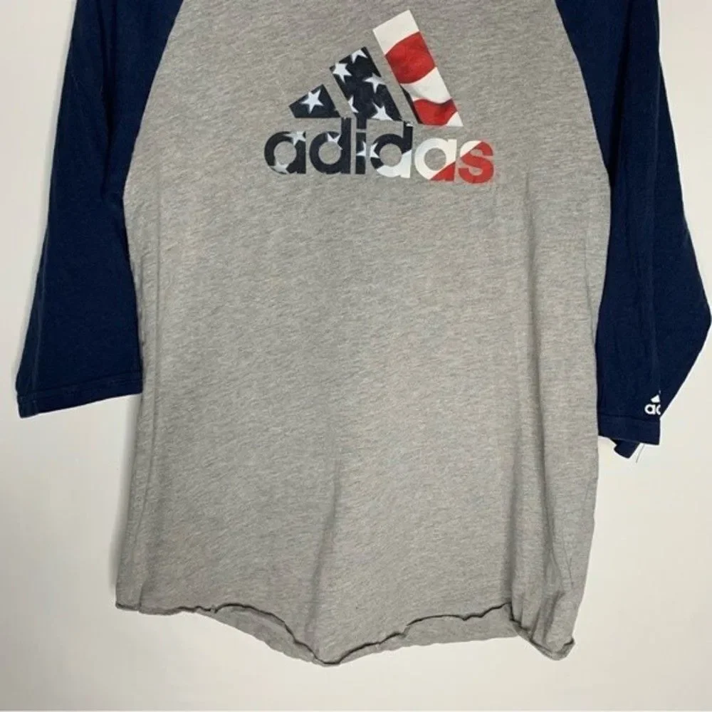 Adidas Blue Gray American Flag 3/4 Sleeve Baseball Graphic Tee Small Mens